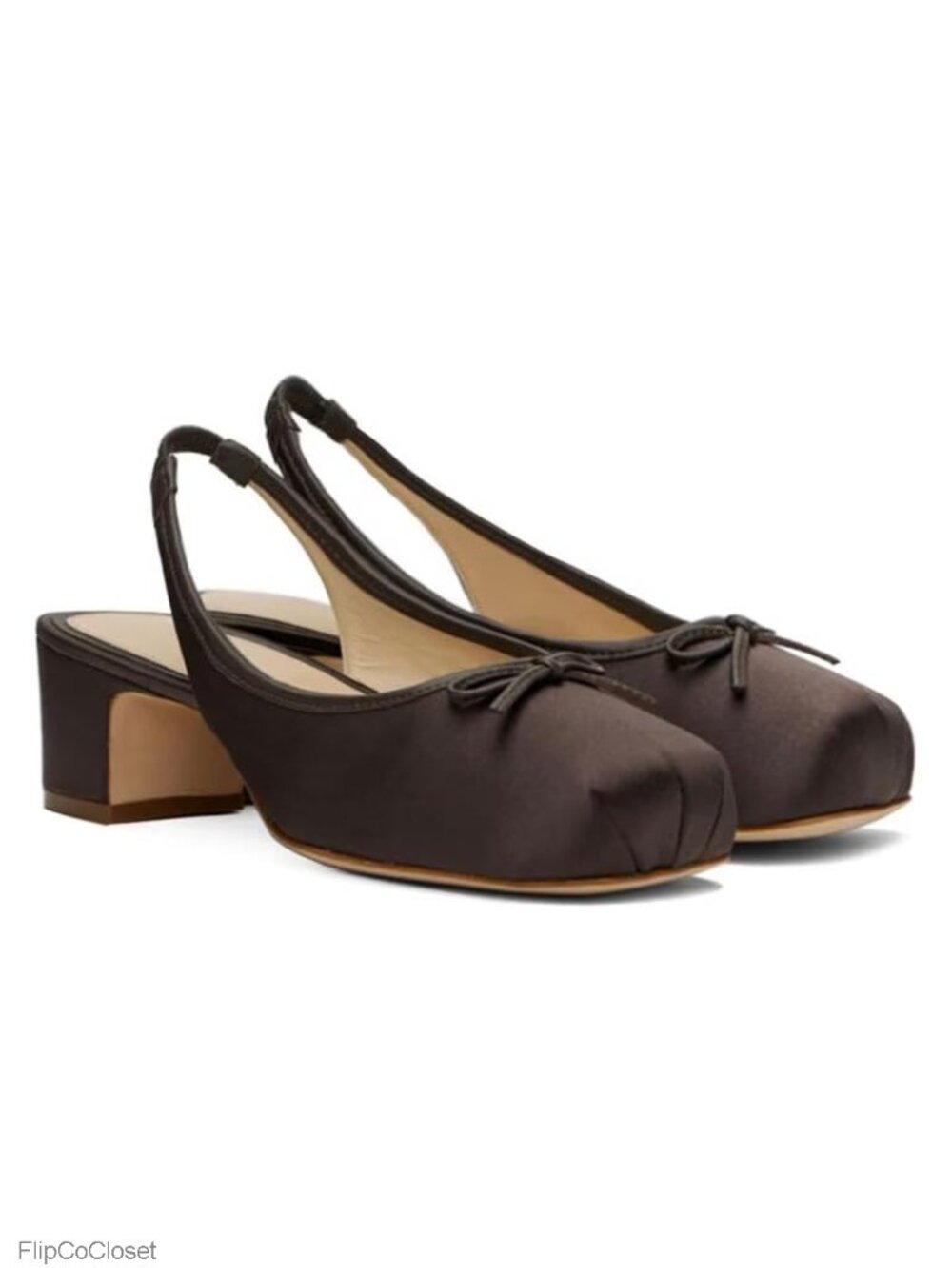 Satin Ruched Ballet Slingback Heels Bow Square Toe Chunky Block Pump